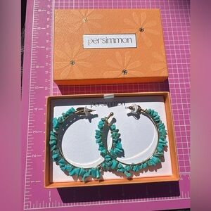 Persimmon SEMI PRECIOUS Tibetan blue stone earrings gold tone loop new in box 🎁